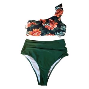 Cupshe 2 Piece Bikini One Sleeved Floral Green Size Medium Womens High Waisted
